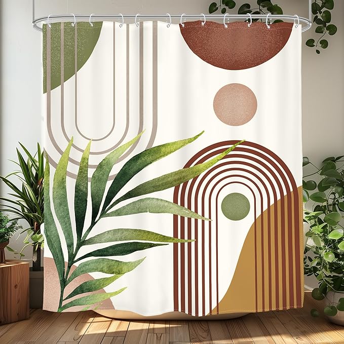 Glawry Green Brown Boho Shower Curtain Abstract Mid Century Plant Tropical Leaves Modern Geometric Bathroom Minimalist Arch Curve 60Wx72L Inches Bath Accessories Art Home Decor Fabric 12 Pack Hooks