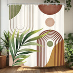 Glawry Green Brown Boho Shower Curtain Abstract Mid Century Plant Tropical Leaves Modern Geometric Bathroom Minimalist Arch Curve 60Wx72L Inches Bath Accessories Art Home Decor Fabric 12 Pack Hooks