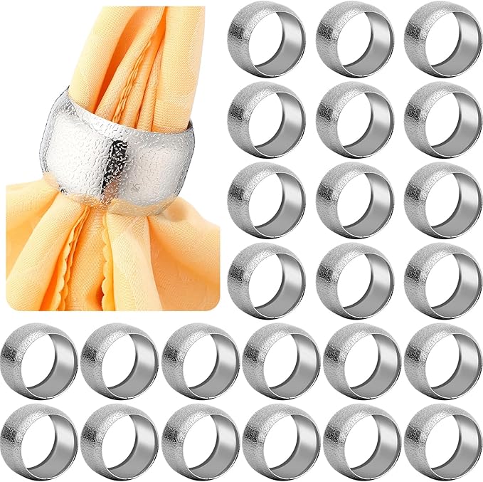 Lallisa 24 Pcs Gold Napkin Rings Metal Napkin Ring Holders for Cloth Table Decorations for Wedding Anniversary Birthday Dinners Party of Table Setting (Silver)