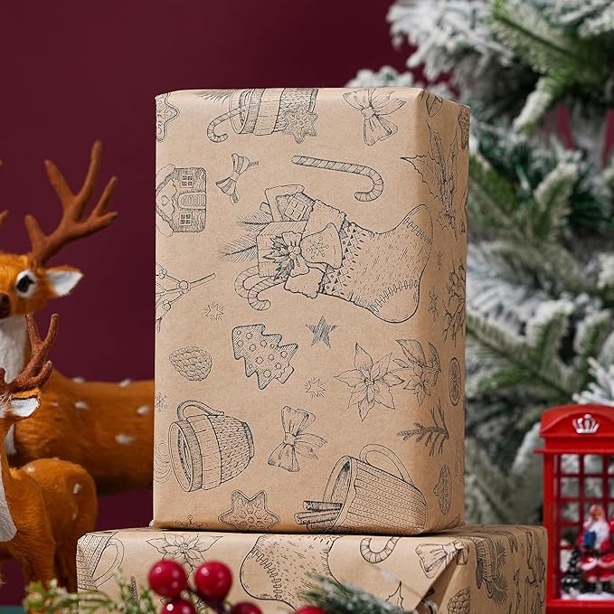 Ulmasinn Vintage Christmas Wrapping Paper Roll - Brown Kraft Paper 17" x33ft - with Cutting Line, Hand-Drawn Holiday Elements, Xmas Gift Wrap for Presents, Table Decor & Crafting