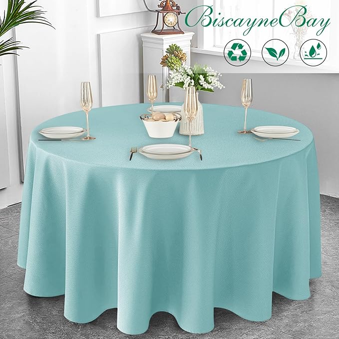 Biscaynebay Round Tablecloth 90 Inch-Auqa Blue Outdoor Fabric Table Cover-Small Circle Folding Table Cloths Linen Water Resistant for Kitchen Dining Picnic Patio Outdoor Party Restaurant Tables
