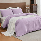 EMME Muslin Cotton Duvet Cover Set Lavender Queen Size Linen Like Soft Breathable Lightweight Summer Comforter Cover Set with Zipper Closure (Lavender, Queen, 90"x90")