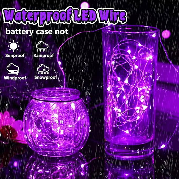 3 Pack Fairy Lights Battery Operated with Remote & Timer, 26 FT 80 LED Halloween String Lights Outdoor Indoor Decoration, 8 Modes Twinkle Lights for Halloween Party Christmas Bedroom Décor (Purple)