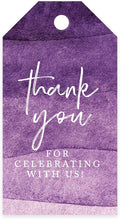 Andaz Press 100-Pack Thank You for Celebrating with Us Favor Tags Purple Watercolor Cardstock Gift Tags with Bakers Twine for Wedding Baby Shower Bridal Shower Birthday Party Favors 2 x 3.75-Inches
