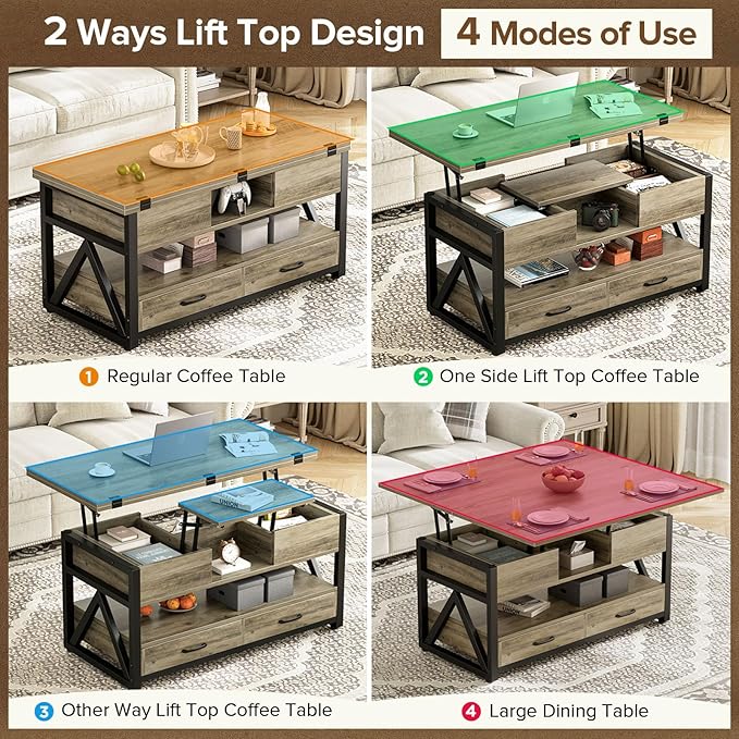 40" Lift Top Coffee Table,4 in 1 Multi-Function Lift Coffee Tables with Storage Drawers and Hidden Compartmen,Farmhouse Coffee Table with Lifting top for Living Room,Grey
