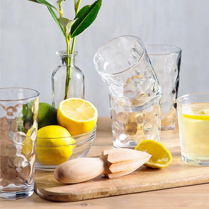 Home Essentials & Beyond Glassware Set 18 Piece Mixed Drinkware Set. 6 Highball Tumblers-17 oz., 6 Rock Whiskey-13 oz., and 6 Juice-7 oz. All Size Glass Cups Drinking Glasses. (Design on Inner Glass)