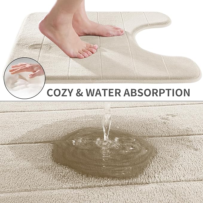 Yimobra Memory Foam Toilet Bath Mat U-Shaped, Soft and Comfortable, Super Water Absorption, Non-Slip, Thick, Machine Wash and Easier to Dry for Bathroom Commode Contour Rug, 24 X 24 Inches, Cream