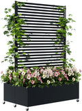 Double Metal Planter Box with Trellis Privacy Screen, Raised Garden Bed with Trellis & Wheels, Planter Box Outdoor with Drainage Holes for Climbing Plants, Vegetable, Vines,73"x 47"x 30", Black