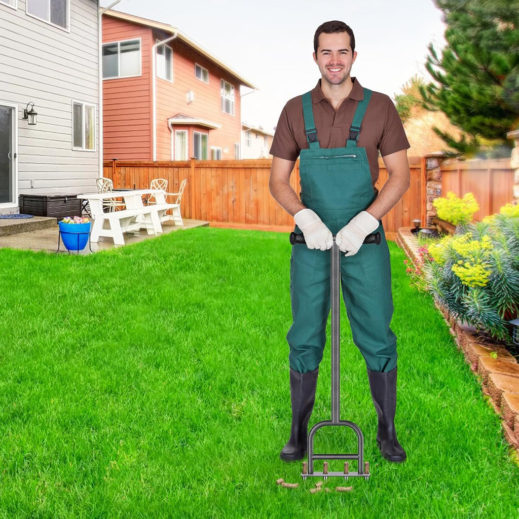 Dolibest Lawn Coring Aerator, Stainless Steel 4 Corer Plug Aerator Tool with Soft Rubber Grip, Manual Grass Aerating Tool, Garden Tool & Cleaning Hand Tool for Loosening Soil and Improving Lawn Health