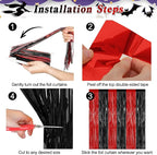 4 Pack Halloween Wall Backdrop, 3.28 FT x 7.05 FT Red and Black Party Streamer, Metallic Tinsel Curtains Fringe Backdrop Foil Streamer, Halloween Hanging Decor Casino Theme Party Decorations