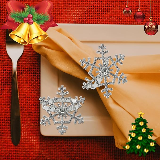 Halatool Set of 6 Christmas Rhinestone Snowflake Napkin Rings for Xmas Dining Table- Napkin Ring Holder for Christmas, Thanksgiving, Holiday Party Table Decoration