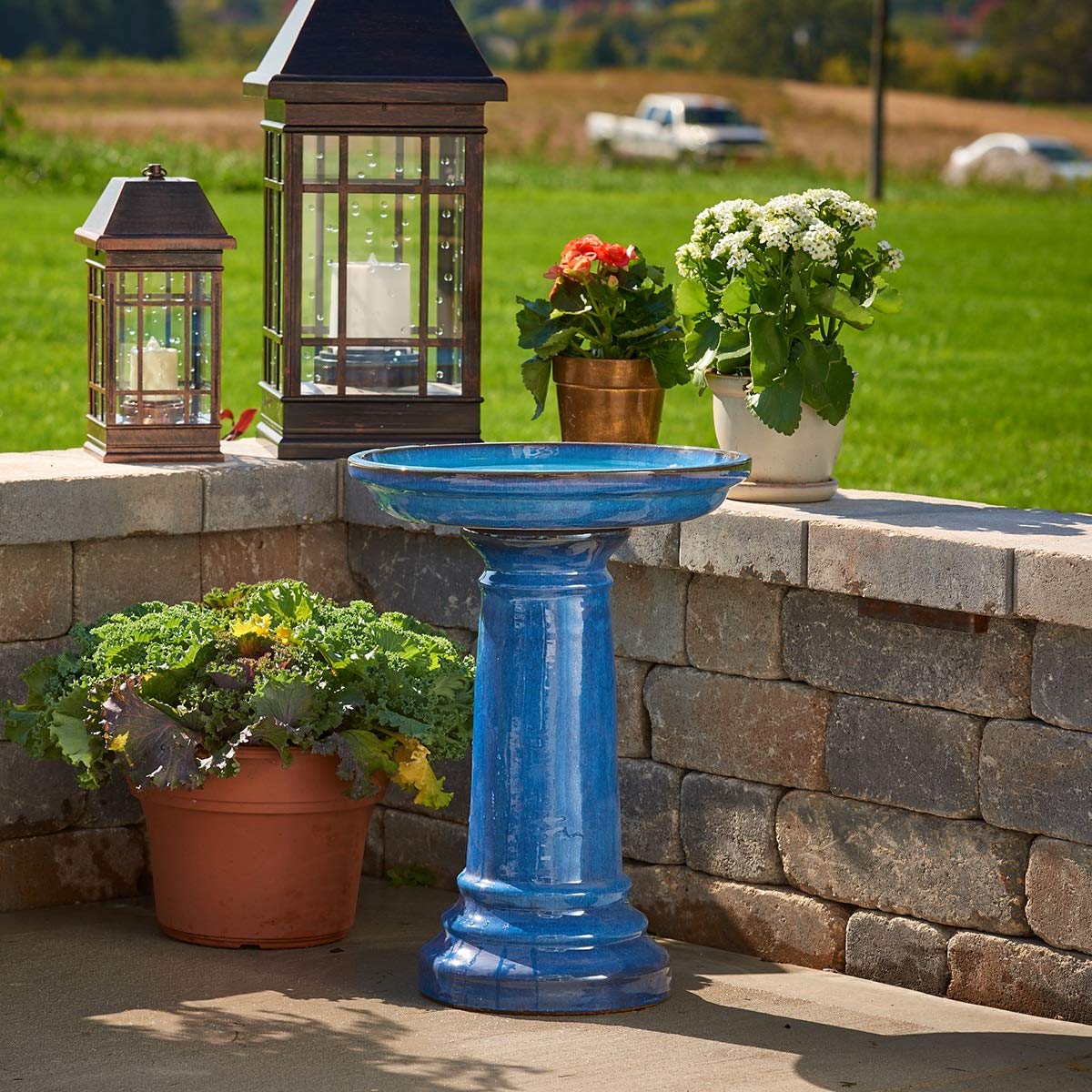 Smart Solar Aviatra Outdoor Ceramic Birdbath with Pedestal Stand and Glossy Finish, Elegant Traditional Birdbath for Garden, Blue