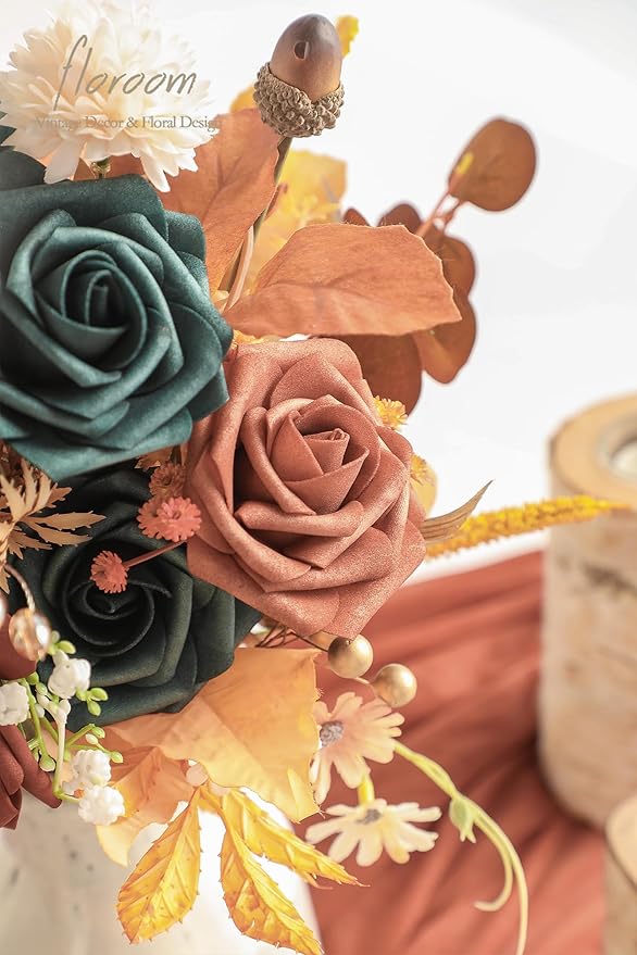 Floroom Artificial Flowers 25pcs Real Looking Teal Green Terracotta Ombre Colors Foam Fake Roses with Stems for DIY Wedding Bouquets Bridal Shower Centerpieces Floral Arrangements Tables Decoration