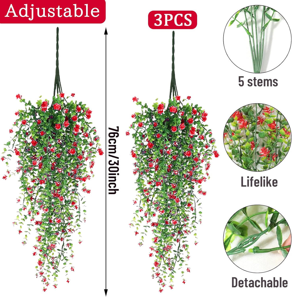 Artificial Hanging Flowers, 3 Pcs Fake Hanging Plants Artificial Vines for Outdoors, Fake Ivy Vine UV Resistant No Fade Faux Plants for Indoor Outside Garden Patio Yard Greenery Decoration (Dark Red)