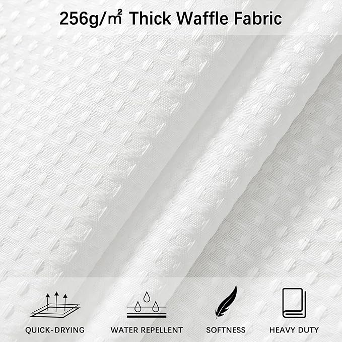 Waterproof Fabric Shower Curtain, Extra Long White Waffle Simple Neutral Weighted Shower Curtains for Bathroom, 256GSM Modern Ivory Thick with 12 Hooks, 72Wx96H