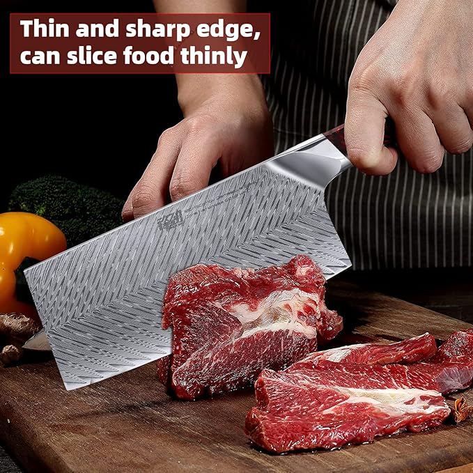 FINDKING Nebula Series Cleaver Knife, Multipurpose Chinese Chef Knife, 10Cr15CoMov Damascus Steel Blade, Resin and Figured Sycamore Handle, Full Tang, 7 Inch, Red, for Meat, Vegetable Shredding