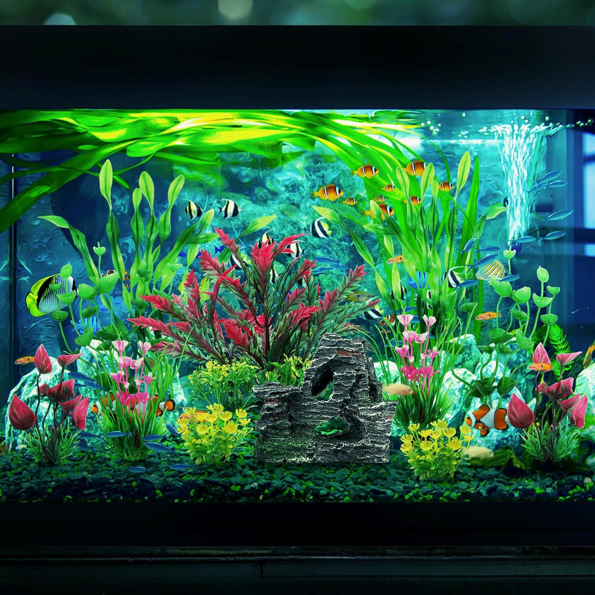 Fish Tank Accessories Aquarium Plants, 12pcs Colorful Fish Tank Artificial Plants and Cave Rock Decor Set, Aquarium Decorations Plants