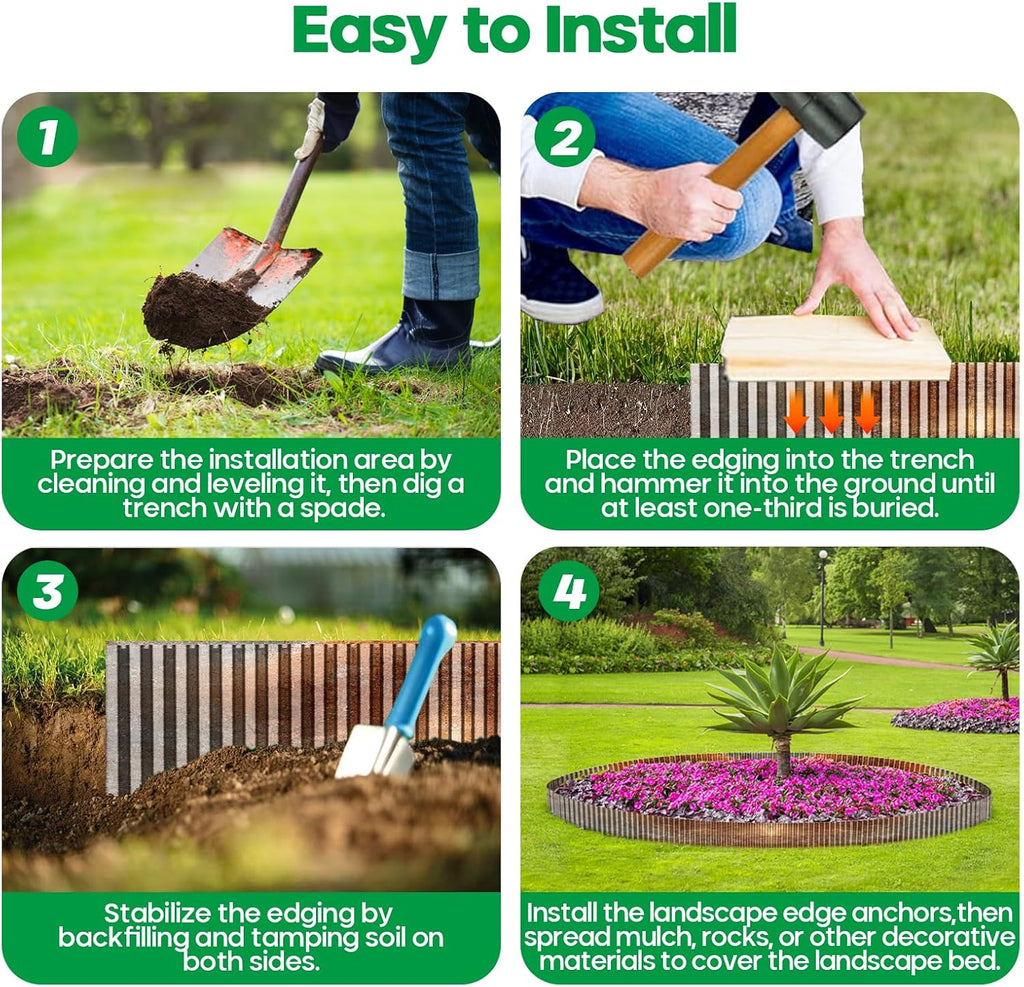 Corrugated Metal Garden Edging,Sturdy Tall Landscape Edging Borders with 6pcs Anchor Stakes, Perfect DIY for Flower Beds, Lawn and Pathway,Tree Surrounds,Paver Edges (Pre-Rusted 6"×20FT)