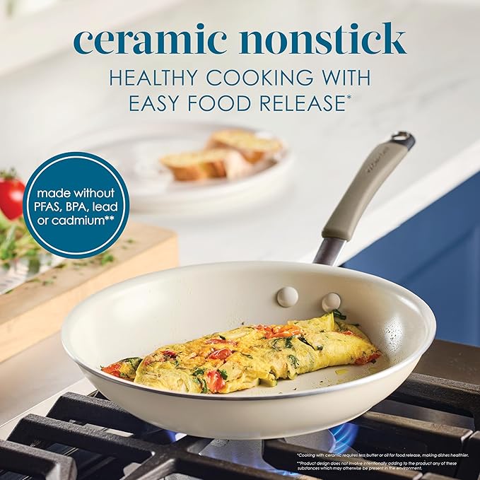 Rachael Ray Cucina Ceramic Cookware Set - 13 Pieces - Ceramic Pots and Pans Set w/Nonstick Frying Pans, Saute Pan, Saucepans, Stockpot, Lids, Pan Protectors & Cooking Utensils - Almond