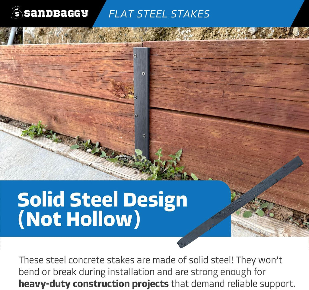 Sandbaggy Flat Steel Stakes for Concrete Forms with Nail Holes - 1.5" Wide - Painted - Removable, Reusable, V Point End - Construction Grade Stakes (100, 24 inch)