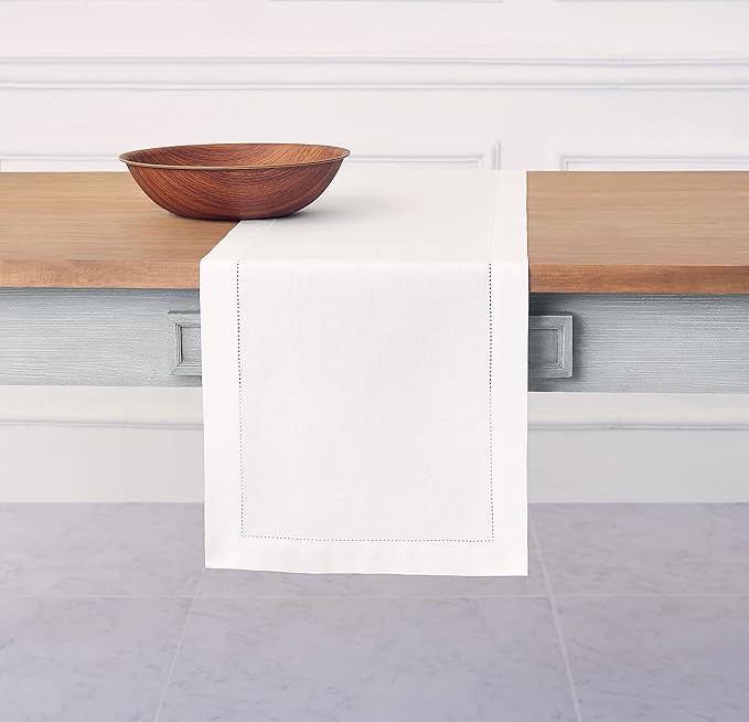 Solino Home White Table Runner 48 Inches - Cotton Linen Hemstitch Coffee Table Runner 14 x 48 Inch Ideal for Dresser Tables - Fall, Autumn, Halloween, Thanksgiving, Christmas, Holiday