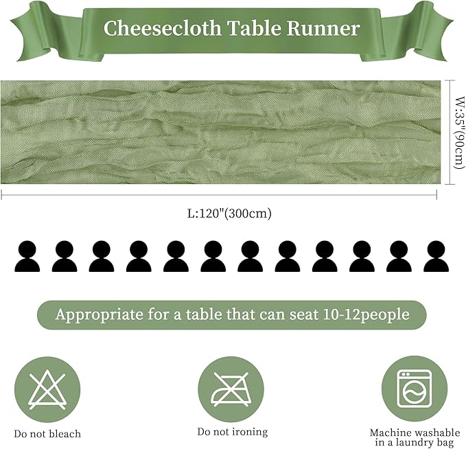 24 Pack Sage Green Cheesecloth Table Runner 10FT Long Boho Gauze Table Runner Rustic Sheer Runner for Wedding Bridal Baby Shower Birthday Party Table Decor Thanksgiving Christmas Decorations