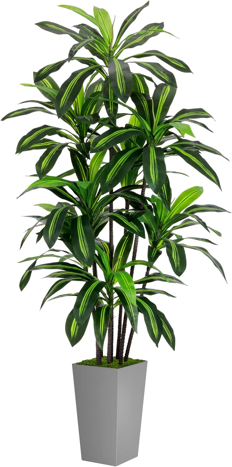 Artificial Dracaena Tree 6FT - Faux Tree with Gray Tall Planter - Fake Tropical Yucca Floor Plant in Pot - Artificial Silk Tree for Home Office Living Room Decor Indoor