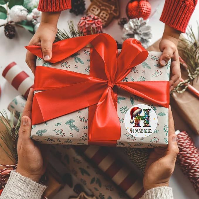 Personalized Christmas Stickers - Custom Name Waterproof Christmas Gift Tags for Gift Box Xmas Holiday Decorations Party Favors - 30 Stickers (Santa Hat Initial)