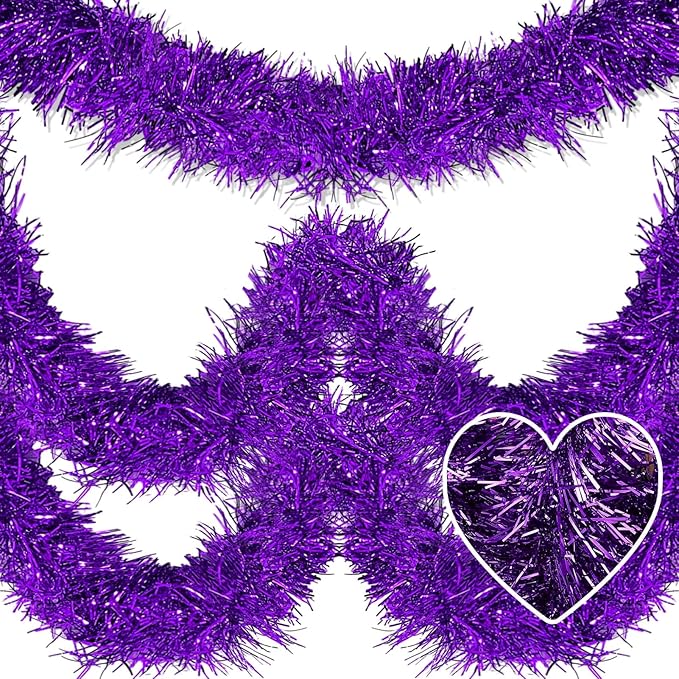 25 Feet Metallic Twist Tinsel Garland Wall Hanging Backdrop for Parade Floats, Christmas Eve, New Year, Valentine's Day Party Decorations (Purple, 4in x 25ft)