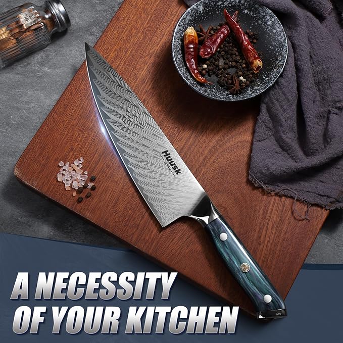 Huusk 8" Chef Knife, Stainless Japanese Kitchen Knife with Ergonomic Resin Handle & Sheath, Sharp Kitchen Knives Full Tang, Japanese High Carbon Steel Cooking Knifes, Father's Day Gifts for Dad
