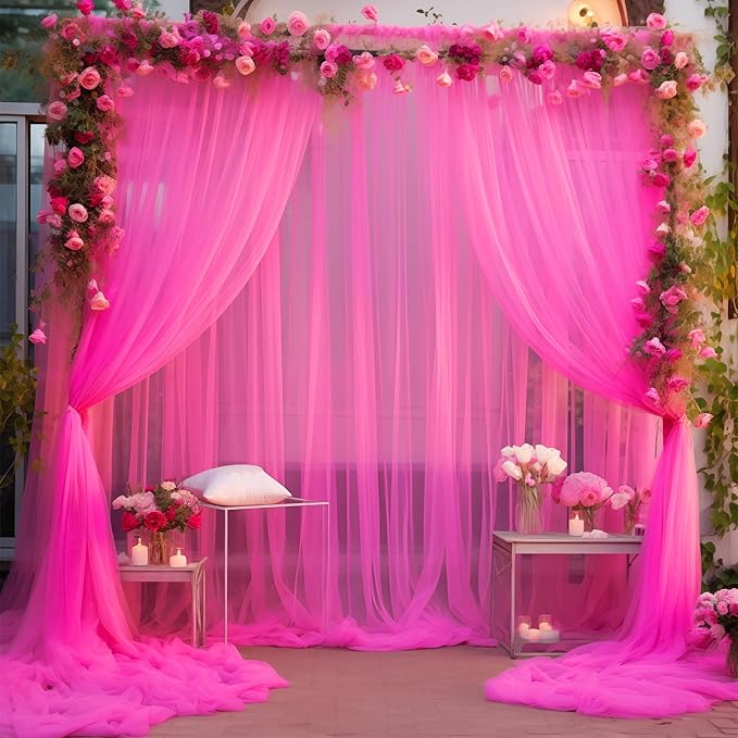 20x10 Hot Pink Tulle Backdrop Curtains for Parties, Sheer Backdrop Curtain Wedding Photo Background Drapes for Baby Shower Photography Birthday Party