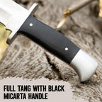 D2 13 Inch Full Tang Fixed Blade Bowie Knife with Leather Sheath - Suitable for Outdoor, Bushcraft, Survival, and Camping Knife with Black Micarta Handle