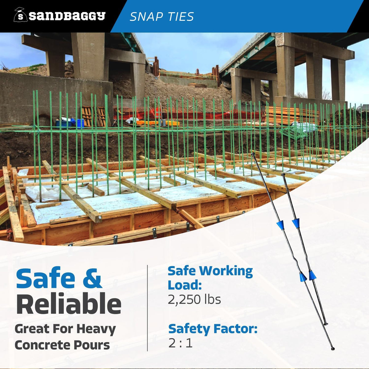 8" Standard Snap Ties for Concrete Forms - 1" Plastic Cones, Integral Heads - 2:1 Safety Factor, 2,250 lbs Working Load - Construction Grade 4 Gauge Steel (Short End - 4.75", 25)