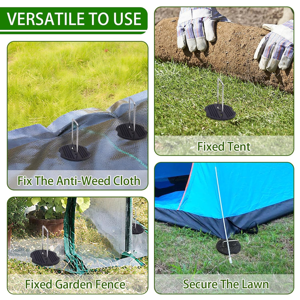 100Sets Garden Stakes Staples and Fixing Gaskets 6 Inch U Shaped Heavy Duty Lawn Staples 11 Gauge Galvanized Landscape Pins with 1 Pick Hook for Weed Barrier Fabric Ground Covers Holding Fence