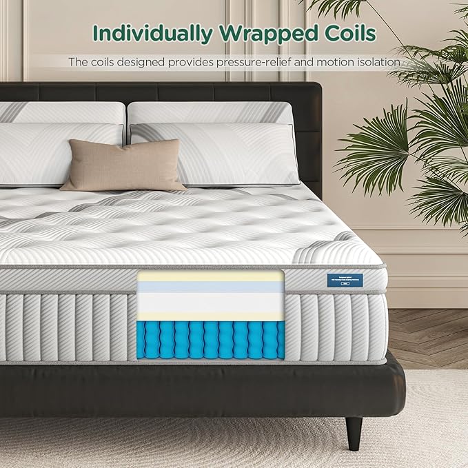 Lechpeus Queen Mattress,14 Inch Medium Plush Hybrid Mattress in Box,MDI Soft Memory Foam & 7-Zone Pocket Springs,Motion Isolation& Back Pain Relief,Enhanced Support Queen Bed,None Fiberglass