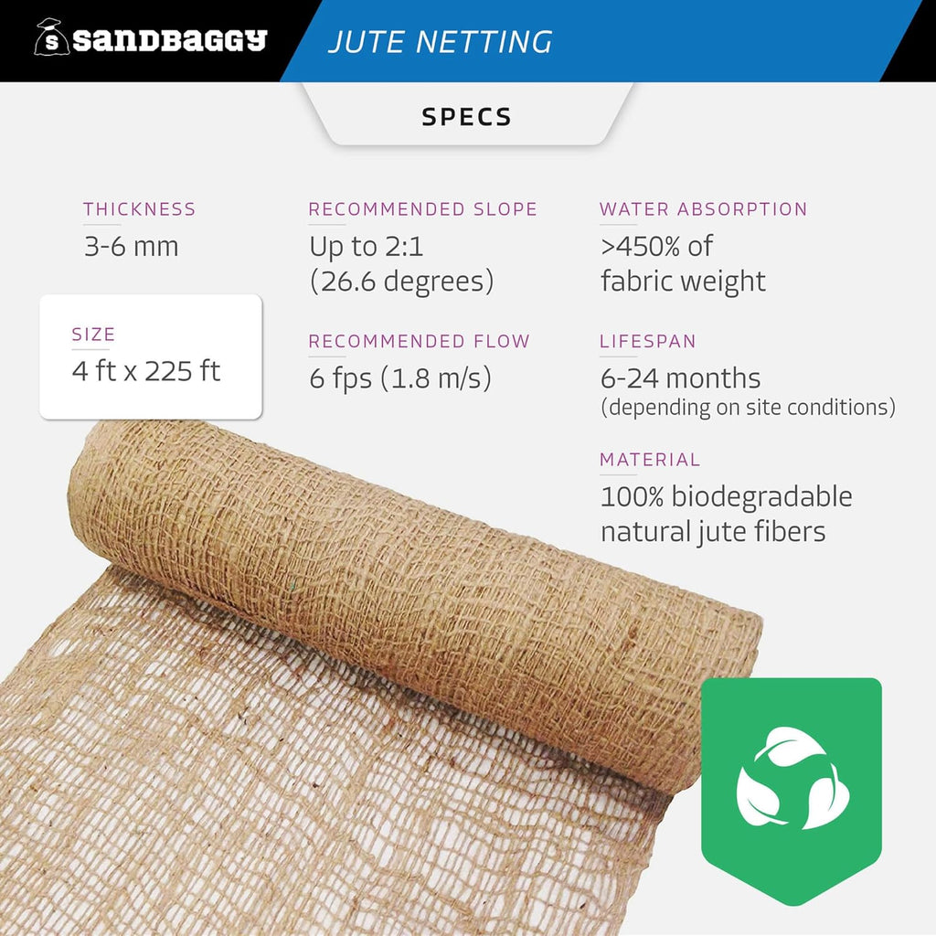 Sandbaggy Jute Netting Roll, 4 ft x 225ft - Biodegradable Erosion Control Blanket for Slopes, Hills & Drainage, Eco-Friendly, Durable Soil Stabilizer, Contractor-Approved for Landscaping (5 Rolls)