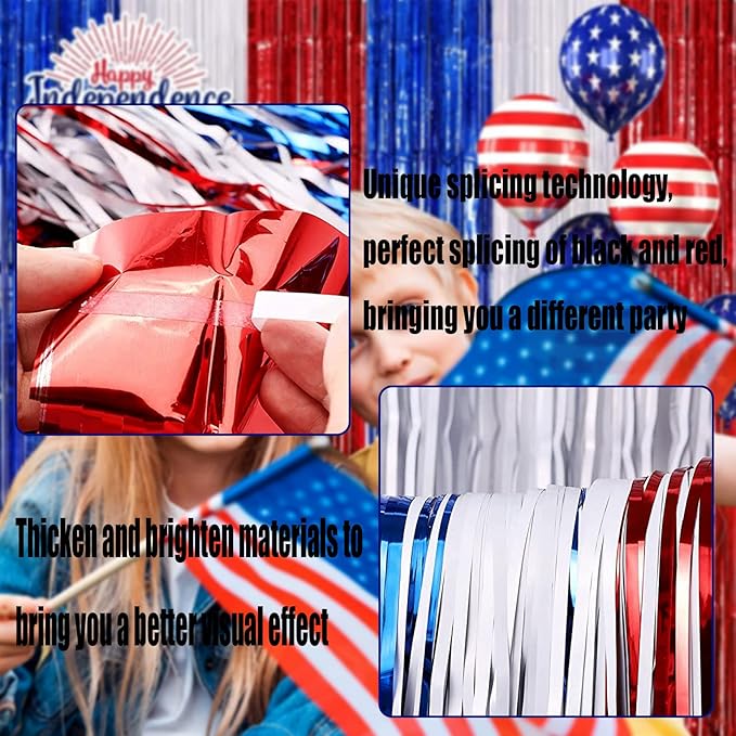 4 Pack Red Blue White Foil Fringe Curtain Backdrop, 3.28Ft x 8.2Ft Metallic Tinsel Foil Fringe Streamers Curtains for Photo Booth, Wedding, Mardi Gras, Birthday, Independence Day Party Decoration