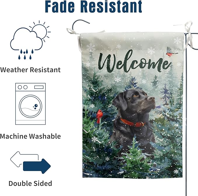 Welcome Winter Garden Flags Black Lab Garden Flag Cardinal Birds on Snowy Pine Tree Flag Labrador Dog Yard Flags for Outside 12x18 Double Sided Christmas Decorative Lawn Flags