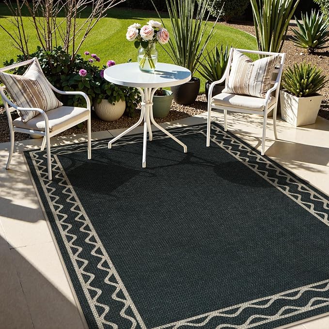 OJIA Easy Jute Washable Rugs 5x7 Outside Rug, Modern Outdoor Patio Rug for Living Room Wavy Border Indoor Outdoor Rug Farmhouse Non-Slip Black Carpet Geometric Area Rug for Backyard Dining Room