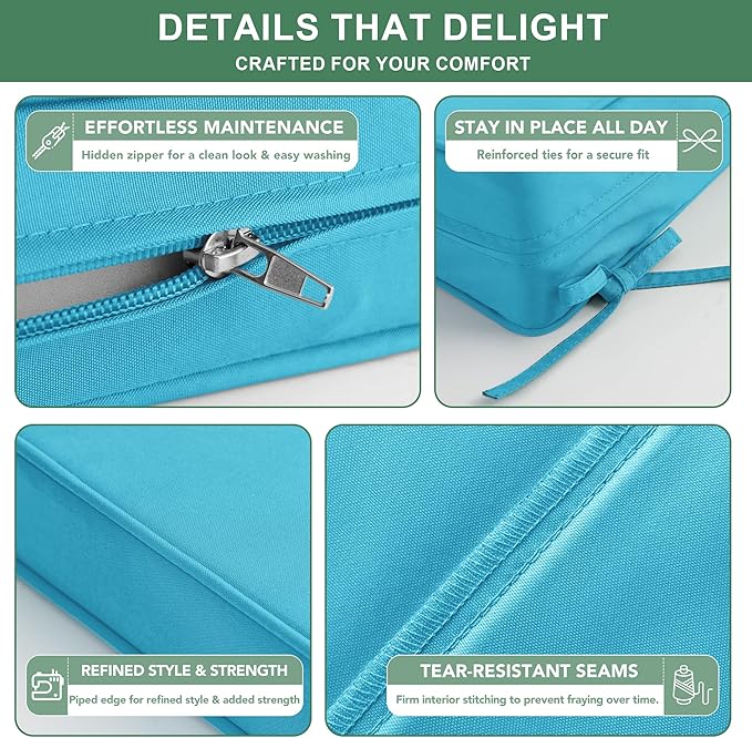Summsun Outdoor Chair Cushions, Waterproof Backrest and Seat Cushion Set for Patio Furniture, Outdoor Replacement Cushions with Removable Cover, 19 x 19 Inch, Teal, 1 Set