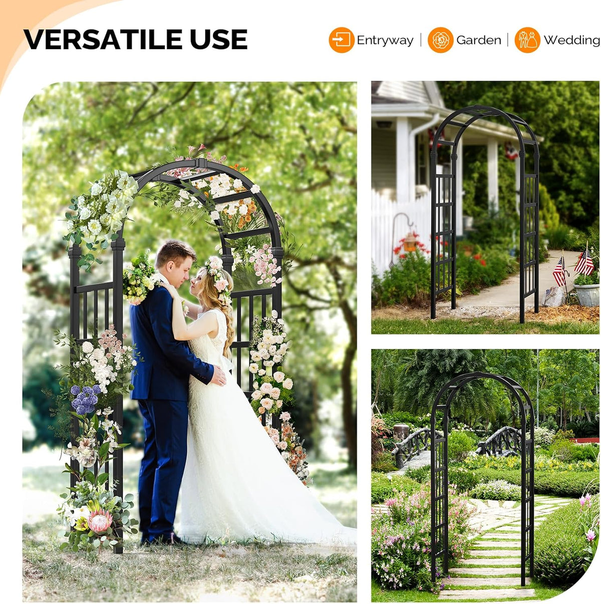 VINGLI Vinyl Garden Arbor, PVC Wedding Arch for Ceremony Party, Garden Trellis for Climbing Plants Outdoor, Arch Backdrop Stand for Garden, Backyard, Lawn (Black)