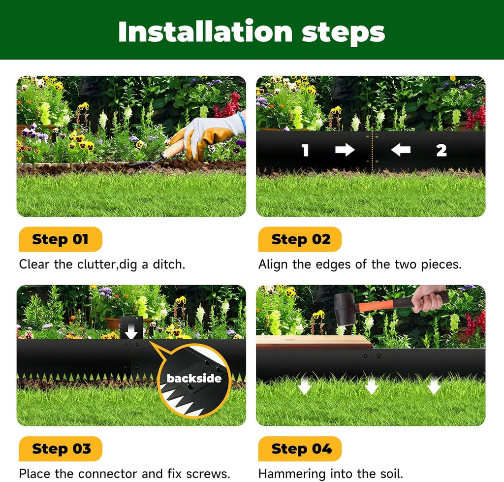 Steel Garden Edging with Top Bending Protection Metal Lanscape Edging Steel Lawn Edging 40 inch Strips, 8 inch Depth 180 Degree Bend for Garden,Lawn,Backyard, 6 Pack (8 inch-180 Degree Bend, Black)