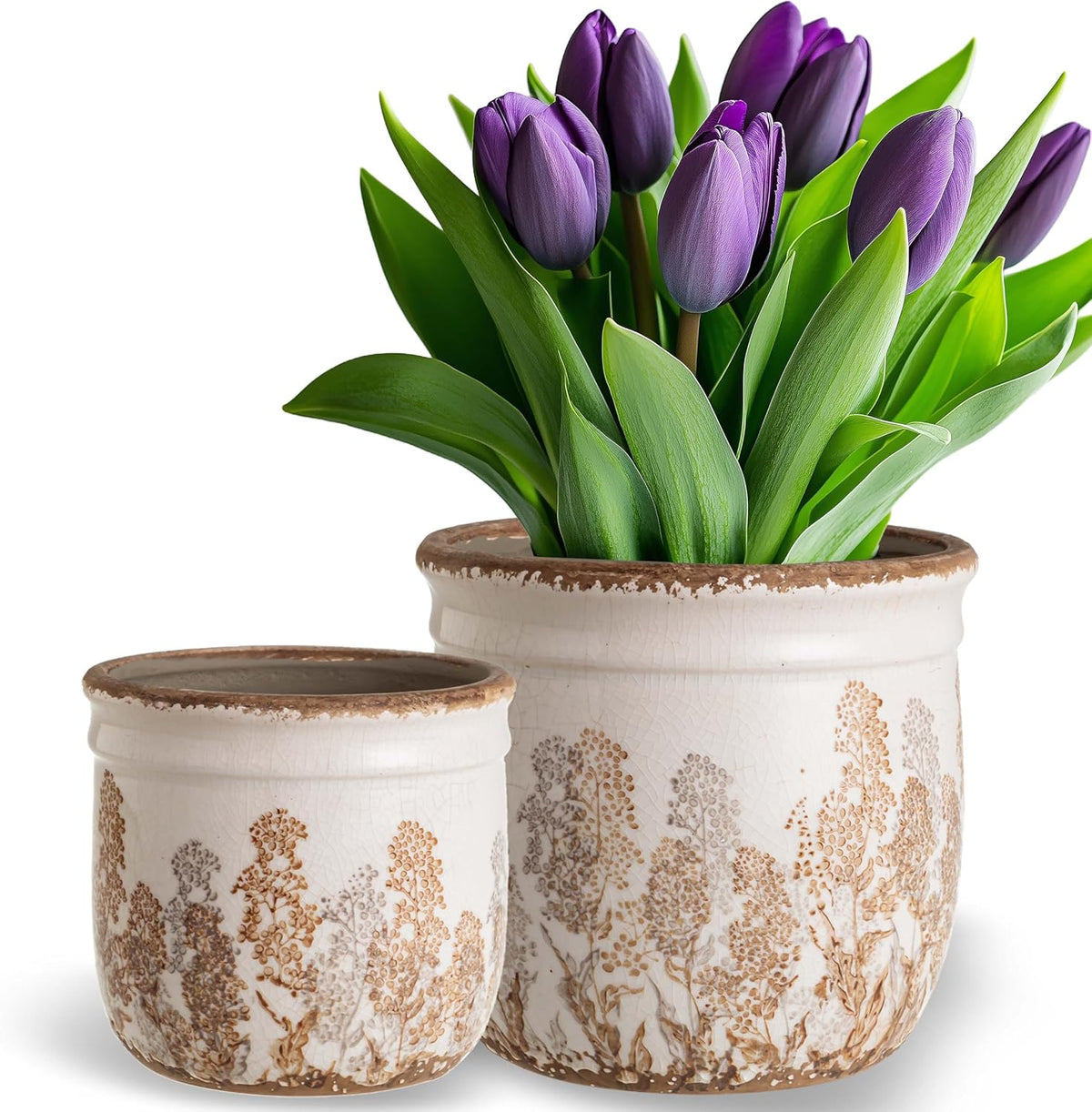 Set of 2 Ceramic Planters for Indoor Plants, 4.7+5.7 Inch Vintage Flower Pots without Drainage Hole, Rustic Brown Planter Set, Decorative Plant Pots for Indoor Plants, Home Decor, Living Room, Office