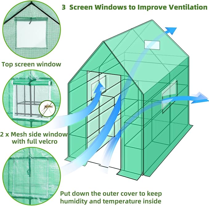 Greenhouse for Outdoors with Screen Windows, Ohuhu Upgraded 4 Tiers 11 Shelves Walk-in Greenhouses with Durable PE Cover, Outside Garden Plastic Green House with Ground Pegs & Ropes for Stability
