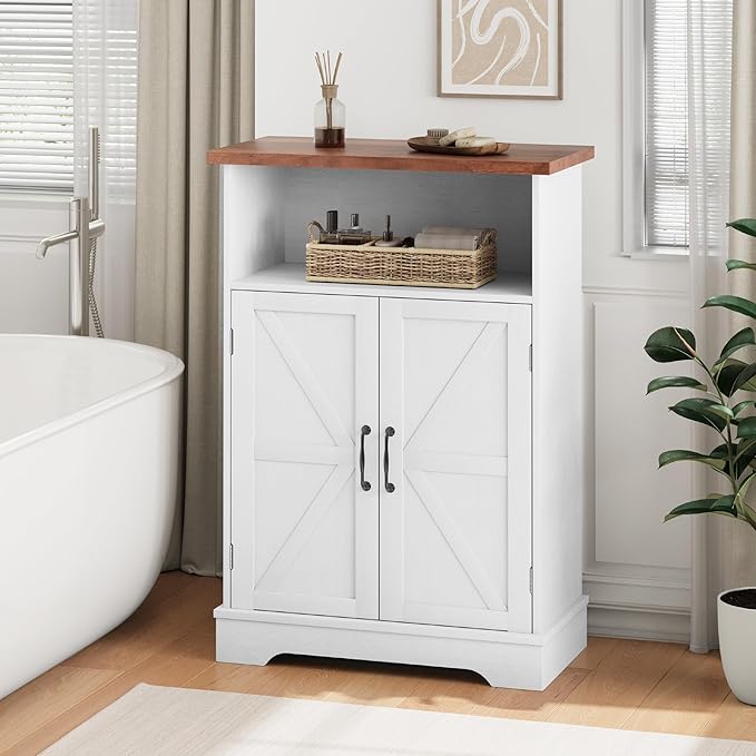Smuxee Freestanding Cabinet Organizer, Farmhouse Style with Barn Door and Adjustable Shelf, White, for Bathroom, Kitchen, Living Room