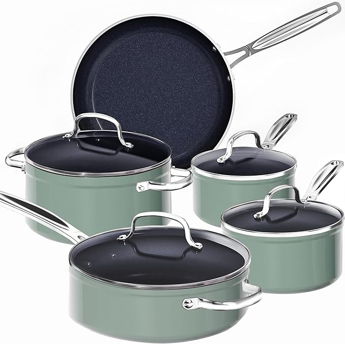 Nuwave 9pc Cookware Set Healthy Duralon Blue Ceramic Nonstick Coated, Diamond Infused Scratch-Resistant, PFAS Free, Oven Safe, Induction Ready & Evenly Heats, Tempered Glass Lids & Stay-Cool Handle