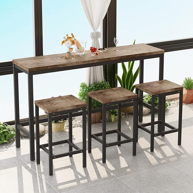 Harper & Bright Designs 4-Piece Dining Table Set, 60.2" L Solid Wood Dining Table with 3 Stools and Metal Frame for Kitchen Dining Room, Natural