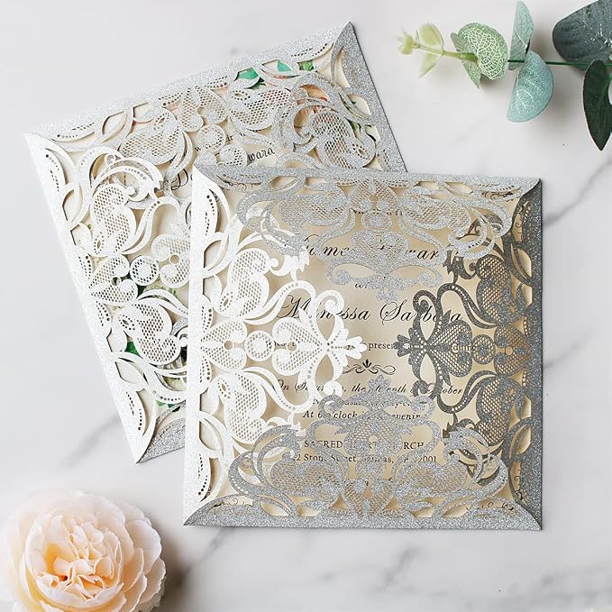 Hosmsua 50PCS Personalized Silver Glitter Laser Cut Wedding Invitation Cards With Envelopes 6.3 x 6.3 Inch Hollow Lace Rose Pocket and for Quinceanera Wedding Invite (Silver Glitter)