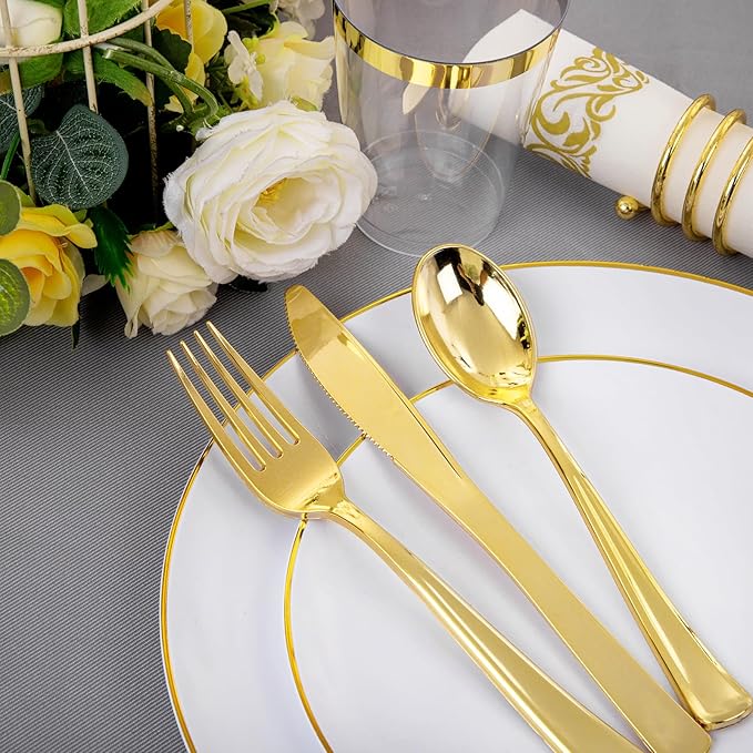 Supernal 350pcs White and Gold Plastic Plates,Gold Plastic Dinnerware for 50 Guests Include 100 White Disposable Plate, 150 Gold Silverware Set, 50 Disposable Cups, 50 Napkins