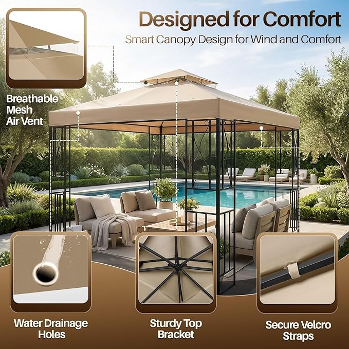 Flexzion Gazebo Cover Replacement Canopy Top 8x8 Ft (2.4m x 2.4m) - Double Tier Top Canopy Cover Replacement with UV30+, Dirt, Water Resistant for Outdoor, Sunshade, Garden, Patio, Pavilion